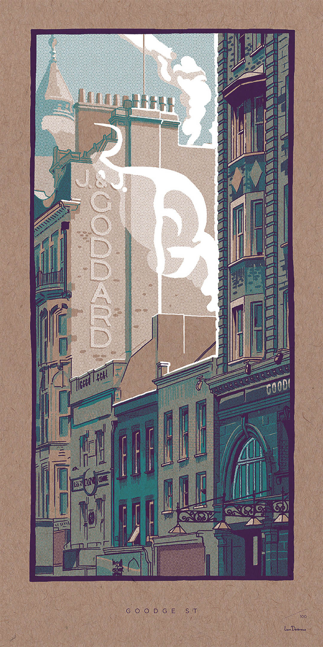 Goodge Street - Liam Devereux. 30x60mm Giclee print printed on 450mic recycled Kraft card